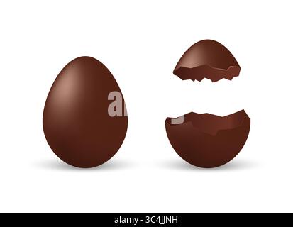 Tasty chocolate egg. Isolated cracked and whole choocolate eggs sweets, open and closed easter dark confectionery design, kids celebrations surprise d Stock Vector