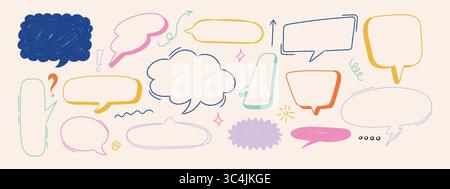Colorful crayon textured speech bubbles set. Hand drawn cartoon dialog clouds and comic talk balloons. Vector doodle frames. Stock Vector