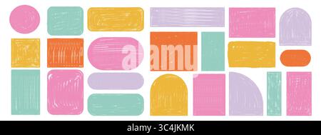 Hand drawn crayon text boxes set. Colorful grunge frames with uneven edges, childish doodle borders for kids design, scrapbook. Vector rough crayon sh Stock Vector