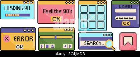 8 bit UI and UX elements set. Pixel art objects. Retro 80s,90s video game graphics Stock Vector