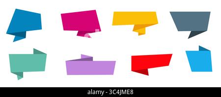Set of colorful paper origami speech bubbles in flat style, ideal for text highlights, promotional tags, web banners, and modern graphic designs. Vect Stock Vector
