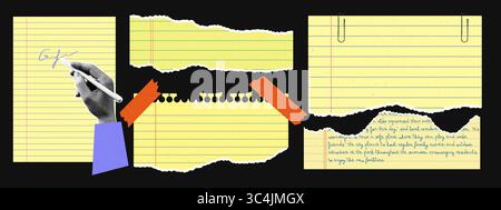 Yellow torn notebook paper collage with lined sheets, halftone hand signing, paper clips, and orange tape. Creative school and office stationery eleme Stock Vector