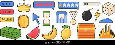 Game icon set. Pixel art object in 8 bit style. Bomb, dialog boxes, hourglass, money, fruit, chest, reward, fire Stock Vector