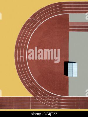 Aerial view of the vivid red running track curving against the stark yellow and gray background, a lonely white block casting a sharp shadow, Valencia, Valencian Community, Spain. Stock Photo