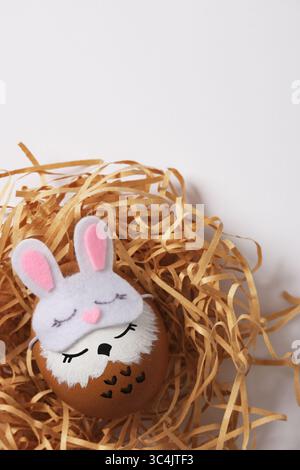 Hand painted eggs sleeping owls in sleep masks in a nest with quail eggs. Space for your text. Stock Photo