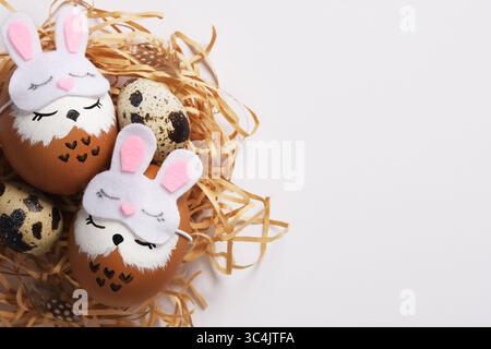 Hand painted eggs sleeping owls in sleep masks in a nest with quail eggs. Space for your text. Stock Photo