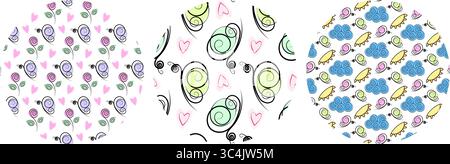 Butterflies and Rose Decorative hearts and Clouds Patterns on Circle Backgrounds Set Springtime Fond. Isolated Vector design Spring or Summer Themes Cards Backdrop or promo banner, leaflet, label, tag Stock Vector