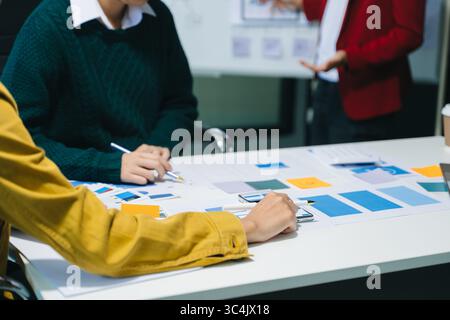 UX graphic designer planning application process development prototype wireframe for web smart phone. Creative digital development agency. Stock Photo