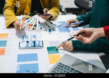 UX graphic designer planning application process development prototype wireframe for web smart phone. Creative digital development agency. Stock Photo