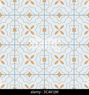 Oriental style thin line tile seamless pattern. Cute simple geometric vector design with tiny gold flowers, grid. Stock Vector