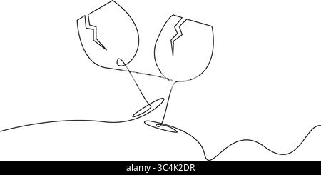 Continuous Line Drawing of Champagne Glasses Black Sketch on White Background. Two Glasses Simple One Line Drawing. Minimal Hand Draw Illustration. Stock Vector