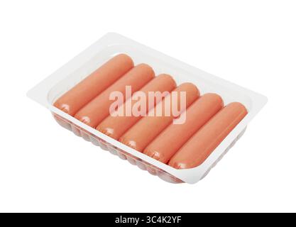 Boiled Sausages in pack isolated on white background Stock Photo