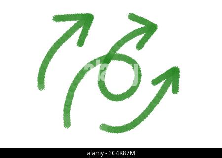 Hand Painted Green Arrows Set, Curved Brush Arrow Icons, Grunge Crayon Style, Watercolor Touch, PNG Clipart on Transparent Background Stock Photo