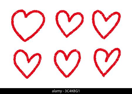 Crayon Heart Doodle Set, Hand Drawn Red Love Icons for Kids, Transparent Background Illustration Stock Photo
