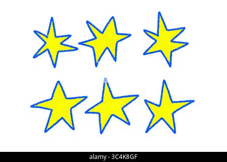 Hand Drawn Yellow Star Set with Blue Outline, Grunge Crayon Doodle Stars Collection, PNG on Transparent Background Stock Photo