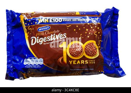 Pack of two packets of McVities milk chocolate Digestives 100 years since 1925 isolated on white background - the Nations favourite Mcvitie's Mcvitie Stock Photo