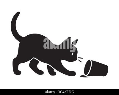 Black silhouette of playful cat knocking over cup, isolated on white background, graphic illustration. concept of pet, mischievous kitten, domestic an Stock Vector