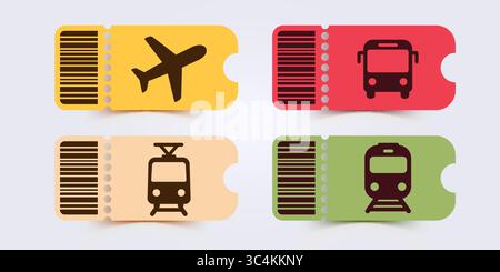 Vintage ticket for bus, plane, ship and train icon set. Travel tickets for transport with barcode. Vector illustration. Stock Vector