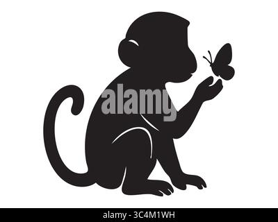 Black silhouette of monkey with butterfly, isolated on white background, graphic illustration. concept of wildlife, nature symbol, primate, animal art Stock Vector