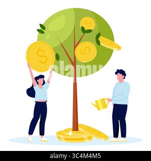 Investment, passive income, saving money and finance growth business concept. Vector flat cartoon illustration of people with money watering tree Stock Vector
