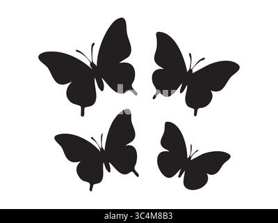 Set of four black butterfly silhouettes on white background. concept of nature, insects, wildlife, icon, design element, decorative art, tattoo ideas, Stock Vector