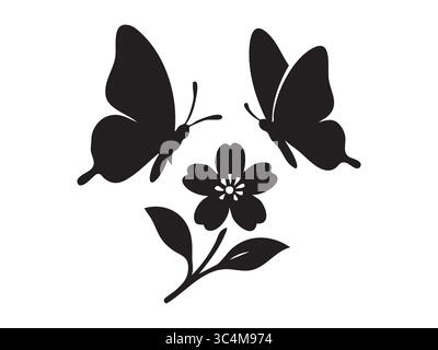 Black silhouette of two butterflies with flower and leaves, isolated on white background, vector illustration. concept of nature, insect, garden, flor Stock Vector