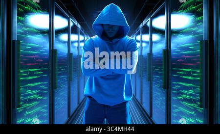 Man in hooded sweatshirt standing in glowing 3D server corridor Stock Photo