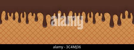 Chocolate drips melting and flowing, creating a rich and delicious texture over a waffle cone. Ideal for food-themed projects, or dessert marketing co Stock Vector