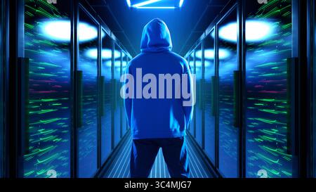 Hooded man standing in glowing blue 3D server corridor Stock Photo