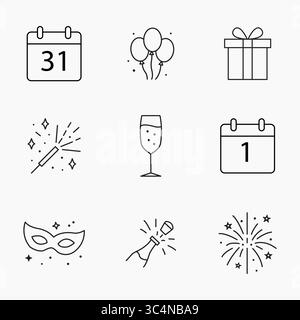 A set of minimalist line icons featuring New Year celebration elements such as fireworks, champagne, calendar, mask, and balloons on white background, Stock Vector