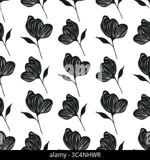 Seamless vector pattern with stylized black and white flowers, featuring a minimalist design with detailed linear petals and leaves, perfect for texti Stock Vector
