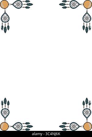 Elegant vector frame design featuring teal dream catchers, feathers, and beads, perfect for invitations or cards. Stock Vector