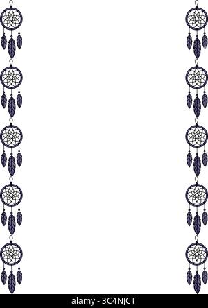 Vector illustration of a white background with a vertical border of dream catchers and feathers, perfect for invitations or cards. Stock Vector