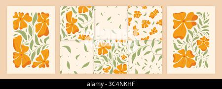 Groovy Y2K posters and seamless patterns with wavy 70s yellow daisies. Stock Vector