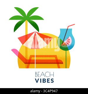 Beach holiday vector illustration. Palm tree, cocktail, umbrella and chaise lounge on sun background. Summer vacation banner, poster, tropical resort Stock Vector