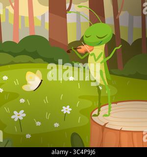 Grasshopper. wild bugs playing on music violin in beautiful forest Stock Vector
