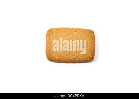 A rectangular Danish butter cookie topped with large sugar crystals, isolated on white. Its texture is slightly rough and perfectly baked. Stock Photo