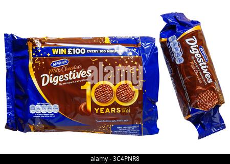 Pack of two packets of McVities milk chocolate Digestives 100 years since 1925 isolated on white background - Mcvitie's Mcvitie Stock Photo