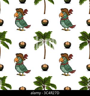 Seamless vector pattern featuring cheerful pirate parrots in tricorn hats, lush palm trees, and coconuts, creating a vibrant tropical island adventure Stock Vector