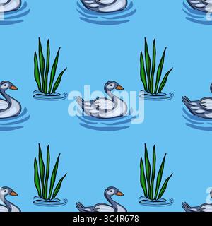 A charming vector seamless pattern featuring stylized ducks gracefully swimming amidst vibrant green reeds on a tranquil light-blue lake, creating a s Stock Vector