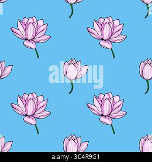 This vector seamless pattern features a whimsical arrangement of light pink lotus flowers, elegantly scattered against a vibrant light blue backdrop, Stock Vector