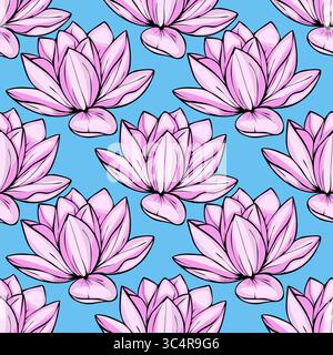 A vibrant vector seamless pattern featuring stylized pink lotus flowers on a light blue background, ideal for textile design or digital prints. Stock Vector