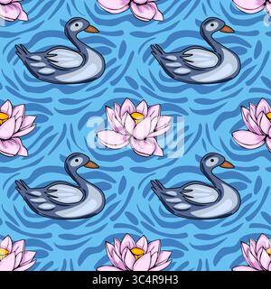 Serene vector seamless pattern featuring stylized grey ducks swimming amidst pink water lilies on a vibrant blue water background with a unique wavy t Stock Vector