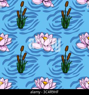 This vector seamless pattern features a stylized illustration of pink water lilies and cattails floating serenely on a vibrant blue water surface, tex Stock Vector
