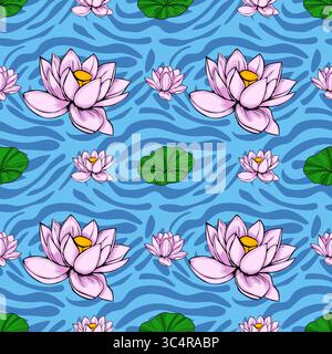 Seamless vector pattern featuring stylized pink lotus flowers and lily pads floating on a vibrant blue water surface with a wavy, abstract texture. Stock Vector