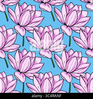 Seamless vector pattern featuring a vibrant arrangement of stylized pink lotus flowers on a light blue background, showcasing bold outlines and delica Stock Vector