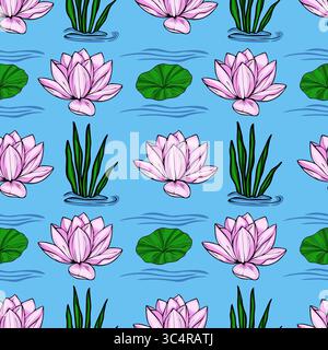 A serene vector seamless pattern featuring delicate pink lotus flowers, vibrant green lily pads, and lush aquatic plants gracefully floating on a tran Stock Vector