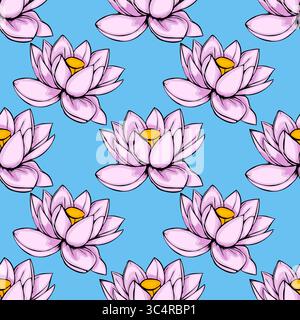 A vibrant vector seamless pattern featuring stylized pink lotus flowers with bold outlines against a bright blue background, creating a cheerful and e Stock Vector