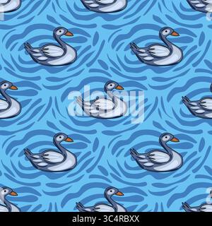 Seamless vector pattern featuring stylized grey ducks swimming on a vibrant blue water background with dynamic wavy lines, creating a playful and calm Stock Vector