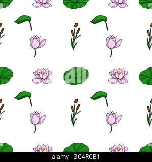 This vector seamless pattern features a delicate arrangement of pale pink lotus flowers, vibrant green lily pads, and slender brown cattails, creating Stock Vector